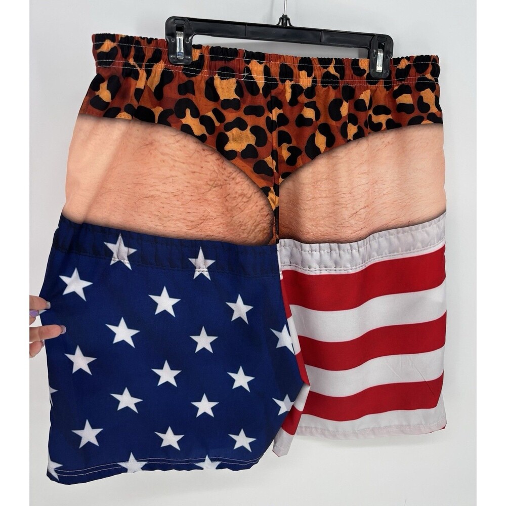 NWOT Men’s 2XL Funny Swim Trunks American Flag Leopard Hairy Butt Thong Shorts